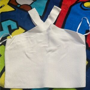 Babaton White Ribbed Halter Crop Top
